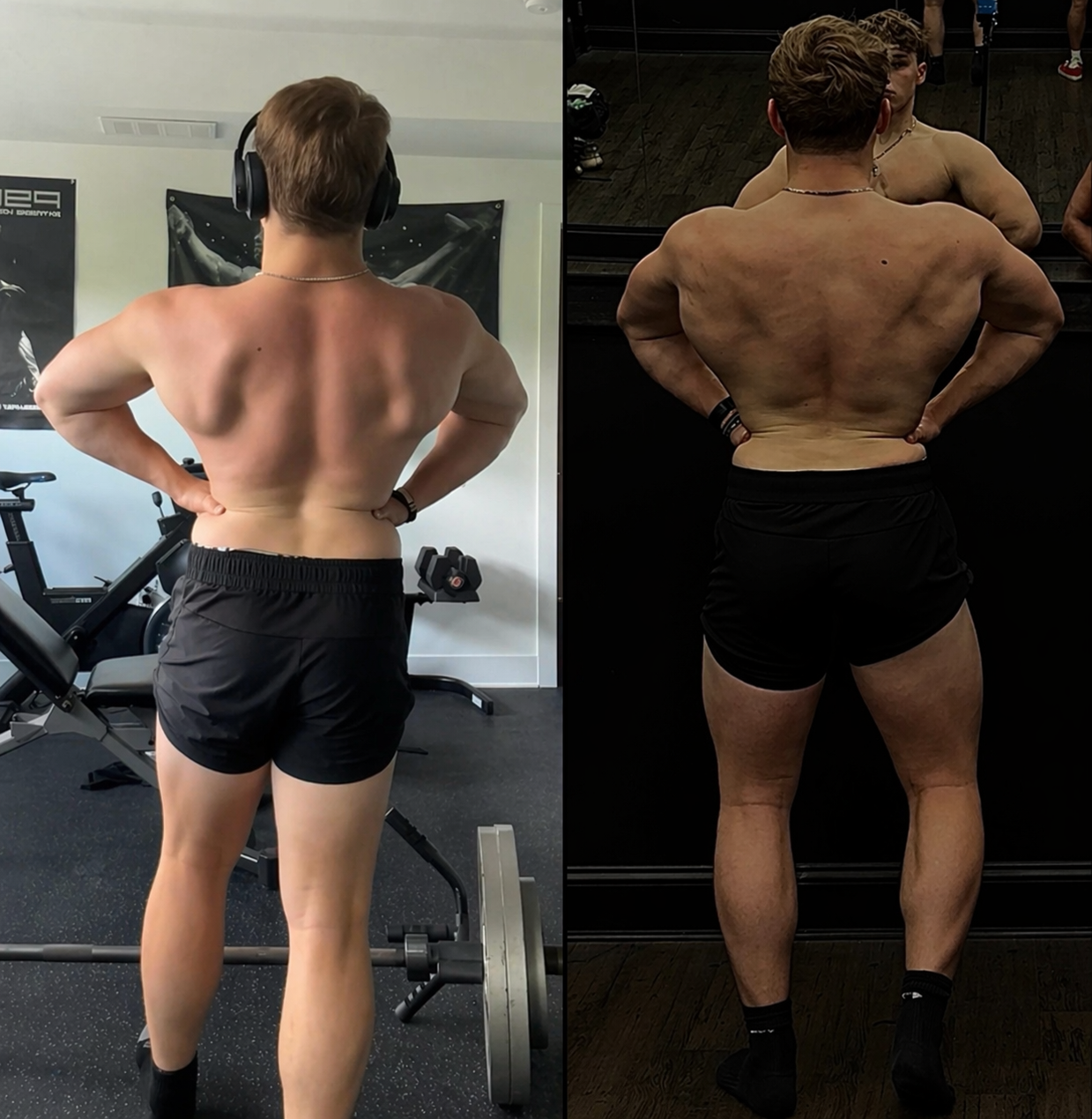 TFTL back transformation — before and after progress photo showing significant muscle development